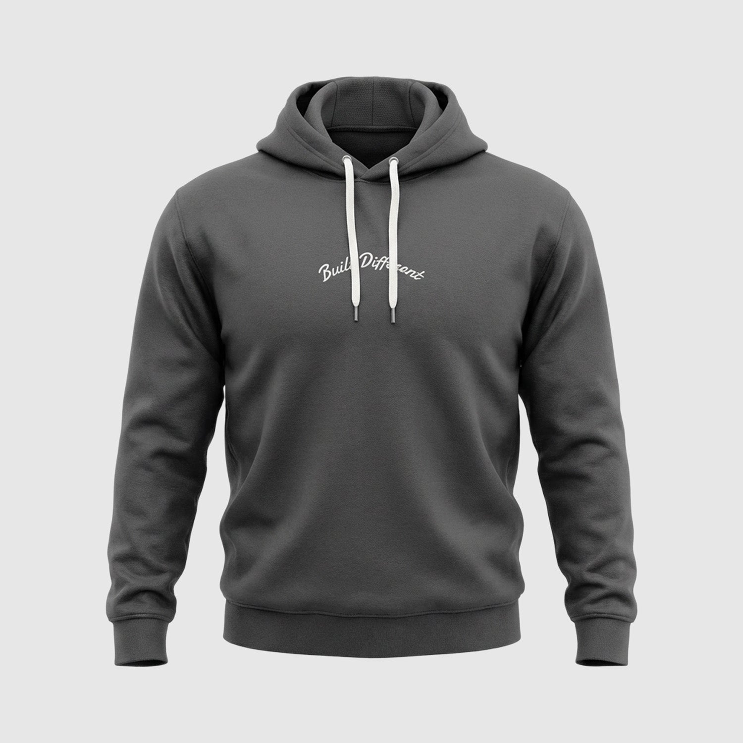 Grey hoodie with “Built Different” text, minimalist design, men’s streetwear hoodie front view