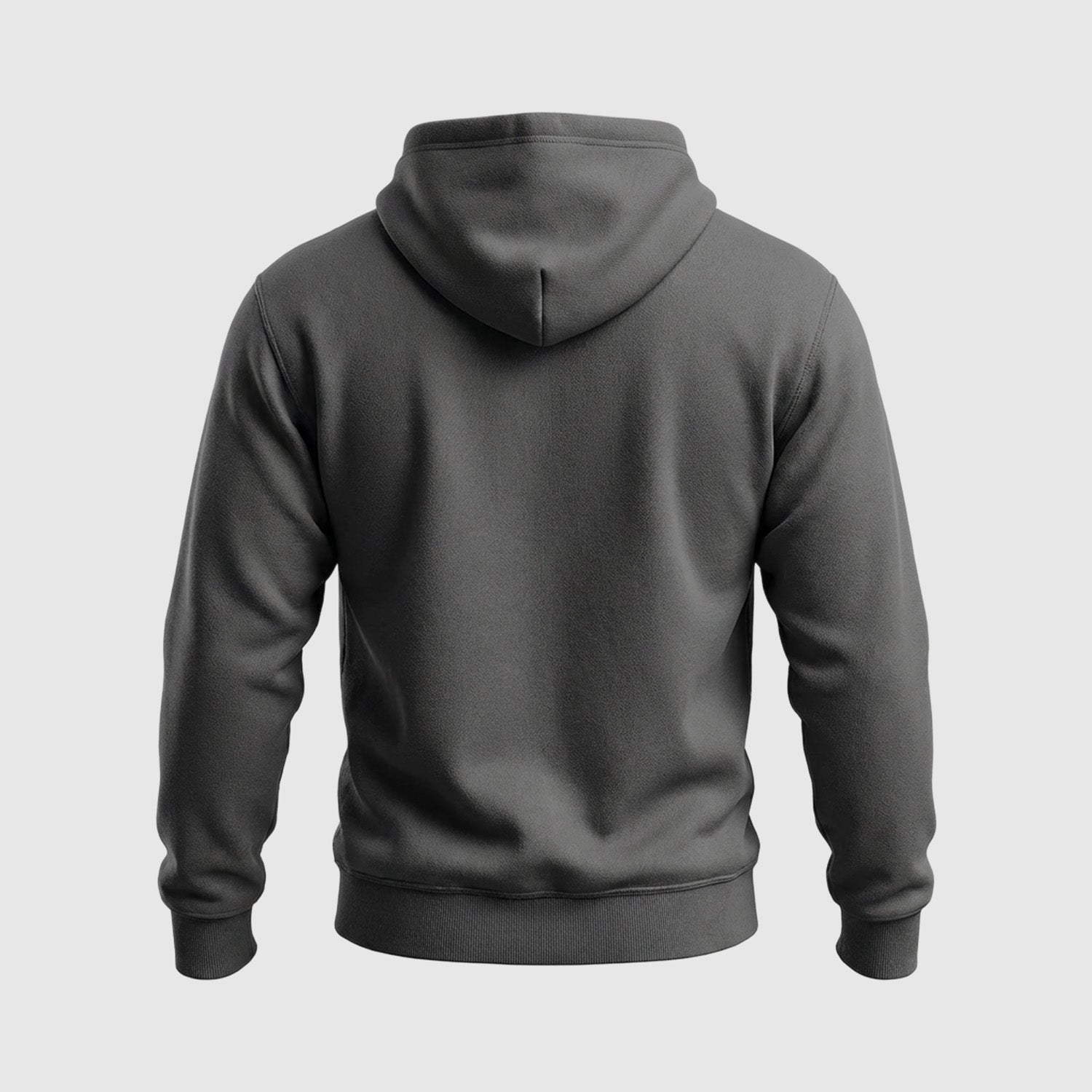 Back view of grey hoodie with hood, clean minimalist design, men’s casual streetwear
