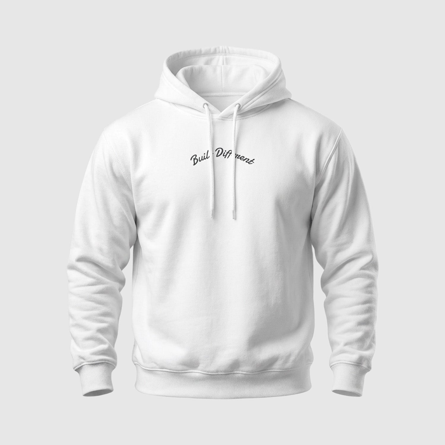 White hoodie with “Built Different” text, minimalist men’s streetwear front view