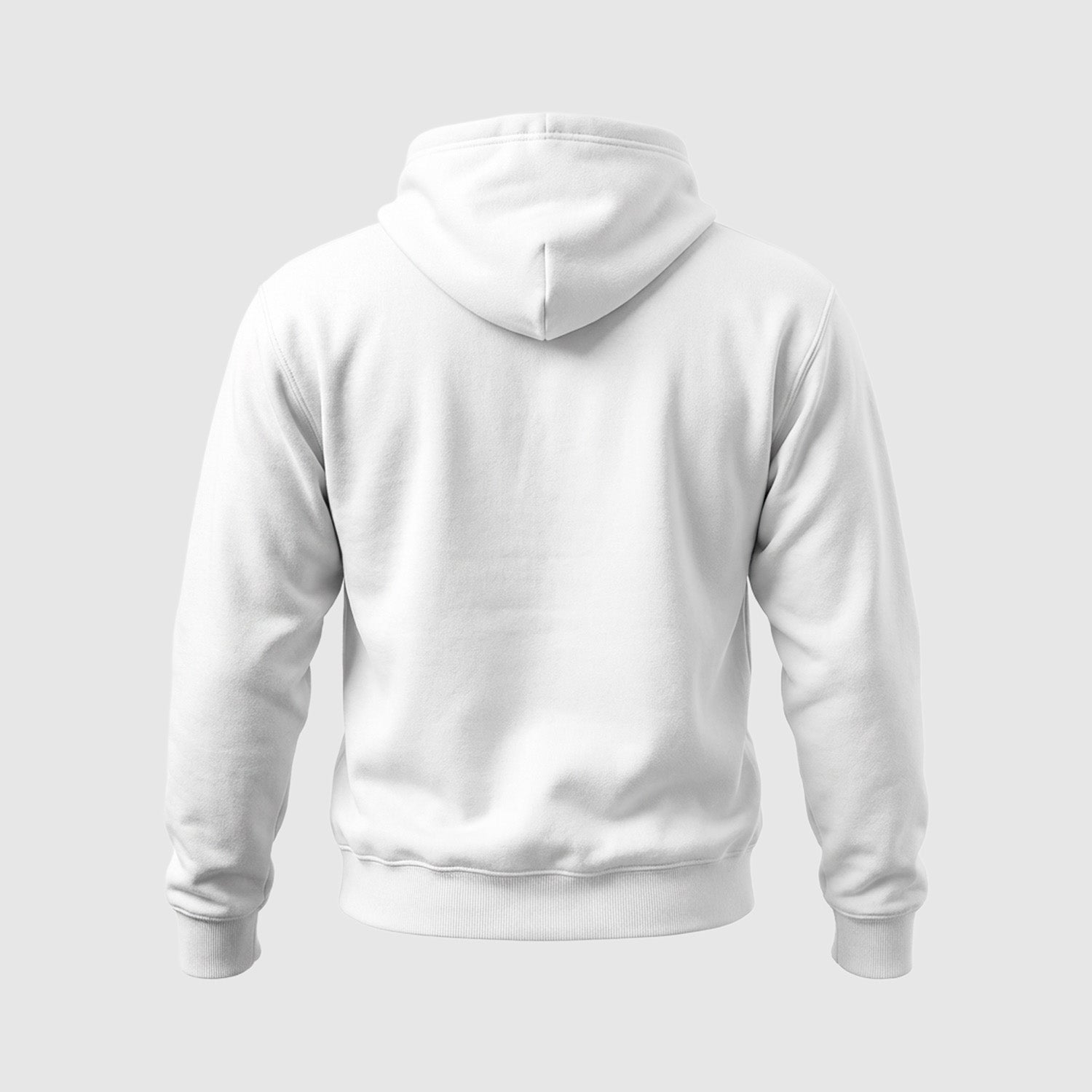 Back view of white hoodie with hood, clean minimalist men’s streetwear design