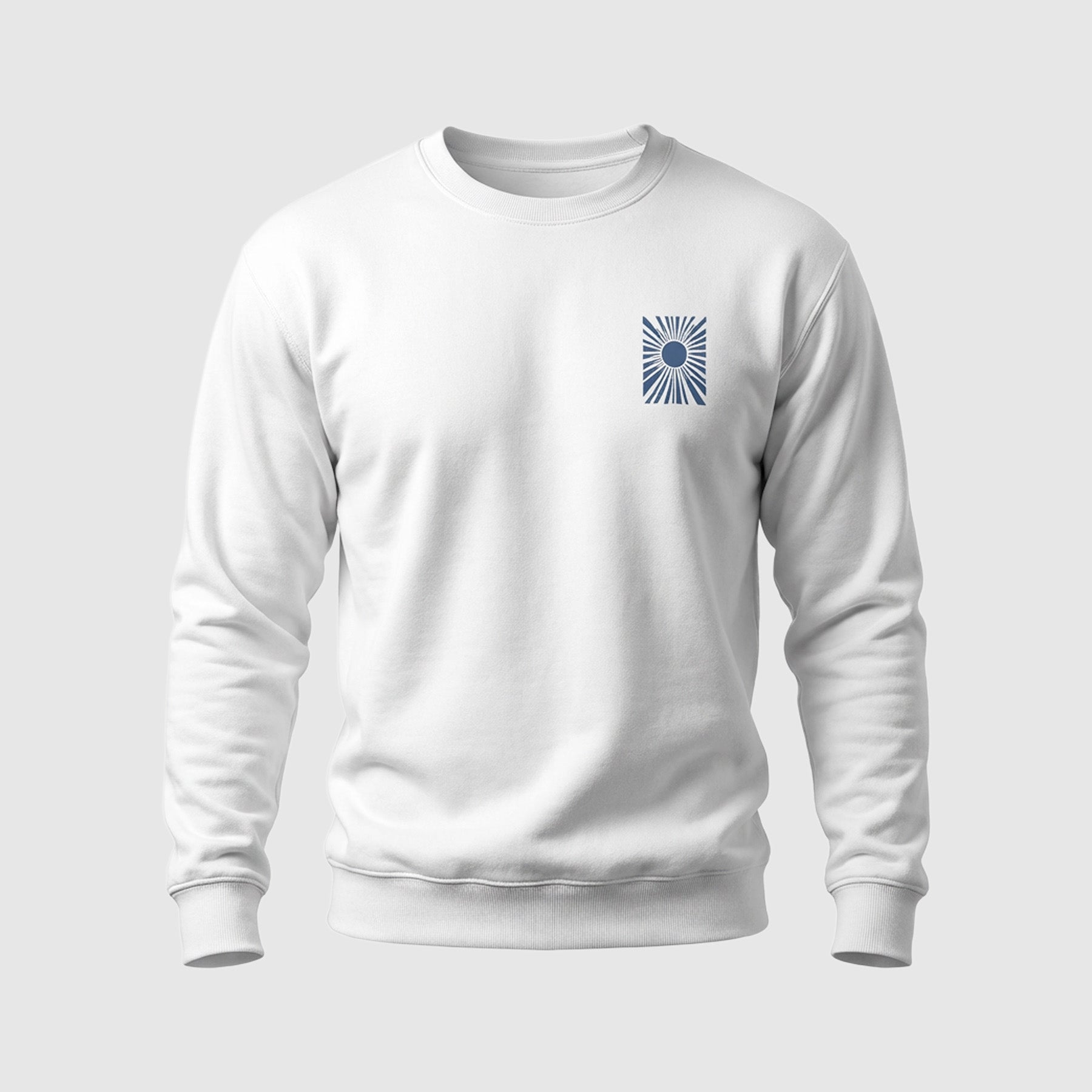 White sweatshirt with minimalist sunburst chest graphic, long sleeves