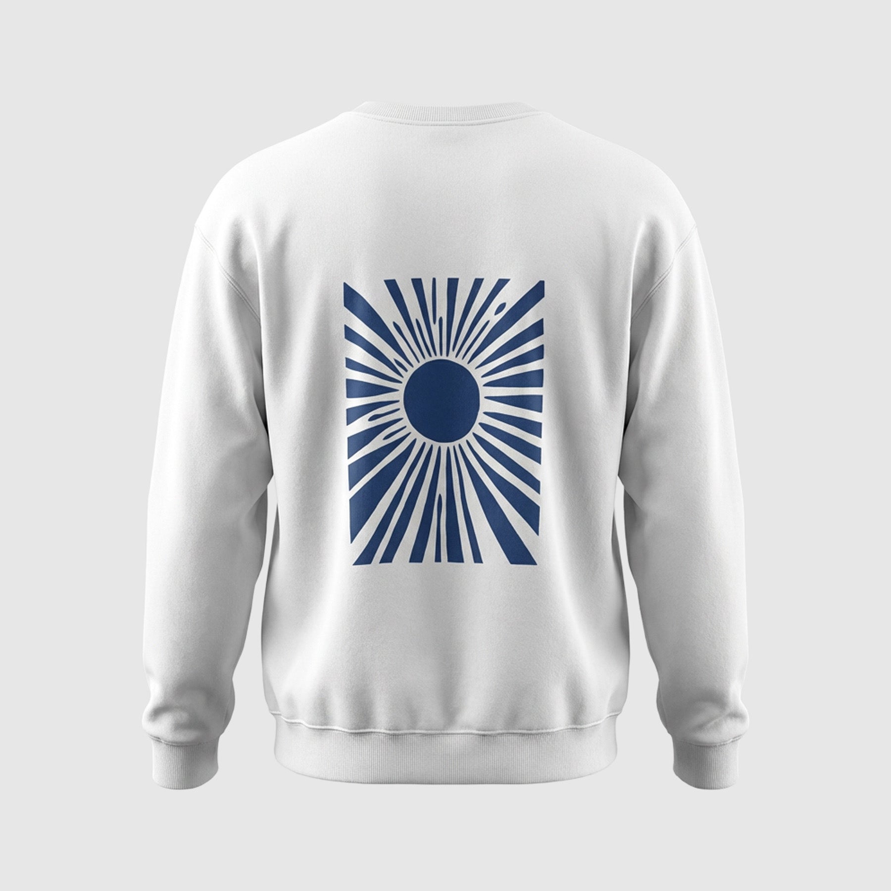 Back view of white sweatshirt with bold sunburst graphic print, long sleeves
